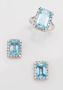 An aquamarine and diamond suite, comprising a &nbsp;pair of aquamarine and diamond earrings and a matching ring. Post and butterfly attachments. 18ct white gold. Weight 11.03 grams. Size J.