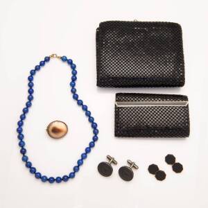 An assortment of jewellery including 9ct gold mounted cat's eye brooch, silver mounted Wedgwood cufflinks and a 9ct rose gold and onyx dress set, a lapis lazuli necklace, a black mesh purse and a key wallet.