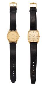 Three Gentleman's gold capped Omega wristwatches: An automatic Omega Constellation; A manual Omega Geneve (A/F) and a quartz Omega Seamaster.