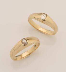 Two signet style diamond rings, each set with a single rose cut diamond. 14ct yellow gold. Total weight 11.47 grams. Size W&nbsp;&frac12; and X&frac12;.&nbsp;