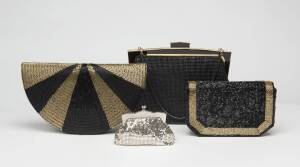 A collection of costume evening bags including a half-circle shaped black and gold beaded clutch with a black rope strap and magnetic button closure. A black and gold beaded rectangular clutch with gold hardware and magnetic closure. A black glomesh clutc