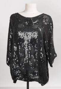 Two Lady's hand beaded evening tops. A three-quarter sleeve black beaded evening top of floral beaded design. Size 14. Length from centre back 58cm. To be sold with a long sleeve black and gold beaded evening cardigan. Size XL. Length from centre back 75c