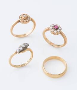 Four gold rings, an 18ct gold and diamond crossover ring by Dunklings and an 18ct yellow gold wedding band. Weight 7.47 grams, together with two 15ct yellow gold seed pearl set rings. Weight 6.78 grams. Sizes L ½ - O.