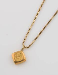 A one ounce gold bullion pendant on a 9ct box link chain.