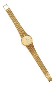 A Lady's gold wristwatch, Omega. Quartz. Case, bracelet and movement signed. Integral tapered mesh bracelet. 18ct yellow gold. Length 17.5cm. Total weight 44.46 grams. 