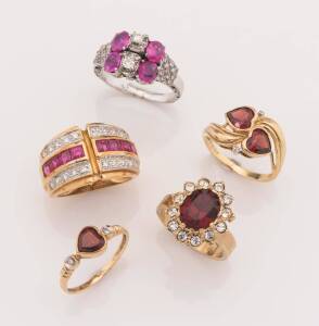 An assortment of five redstone rings including a white gold ruby and diamond ring, weight 4.57 grams; an 18ct gold ruby and diamond tapered band ring, weight 7.29 grams; two 14ct garnet rings, weight 4.55 grams, and a paste cluster ring.