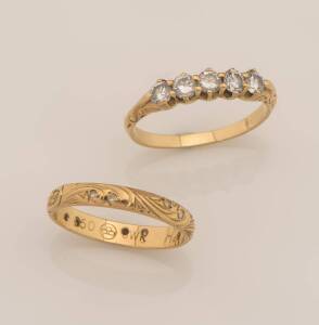 Two gold and diamond rings, a five stone bridge ring and diamond set band. Weight 4.45 grams. Size K ½ (band) and M.