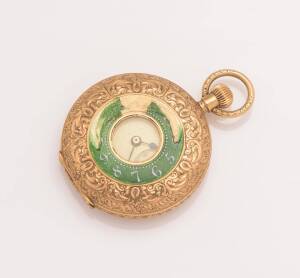 A Lady's gold and green enamel half hunter pocket watch. Crown wind. 18ct yellow gold. Weight 36.7 grams. (A/F)