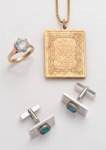 A collection of jewellery including a 9ct clear stone ring, a loose bluestone, a silver gilt pendant on rolled gold chain, and a pair of silver opal triplet cufflinks.