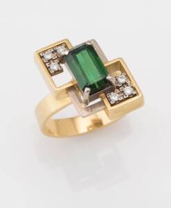 A green tourmaline and diamond Cocktail ring, geometric design, circa 1970's, 18ct yellow gold. Weight 8.21 grams. Size N.