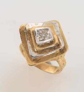 A diamond ring, of square stepped two tone design. 18ct yellow and white gold. Weight 7.99 grams. Size N ½. To be sold with a white and green stone ring of abstract crossover design. 9ct yellow gold. Weight 10.45 grams. Size P ½. 