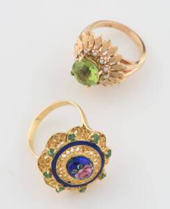 A peridot and pearl dress ring, of floral design. 14ct rose gold. Weight 7.55 grams. Size L. To be sold with an enamel and green stone ring. 18ct yellow gold. Weight 7.55 grams. Size M ½.