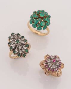 Three rings, one dyed green chalcedony Princess ring and two others.&nbsp;9ct and 14ct yellow gold. Weight 20 grams. Size O.