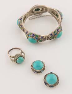 A vintage Chinese filigree silver, enamel and turquoise suite, comprising matched bracelet and earrings, together with a similar ring.&nbsp;