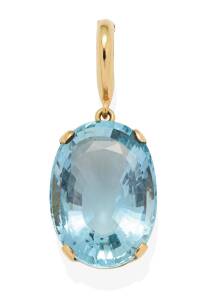 An aquamarine pendant enhancer, the oval aquamarine measuring 22 x 16 x 9.8mm, estimated weight 18.98 carats. 18ct yellow gold. Weight 8.98 grams.&nbsp;Length including bale 4cm.&nbsp;