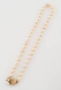 A cultured pearl necklace, the forty-two pearls of average diameter 8.5mm and hung with a tulip and pearl clasp. 14ct yellow gold.&nbsp;