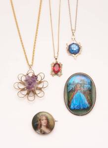 A collection of jewellery including a 9ct amethyst crystal pendant, 9ct bluestone pendant, a gold mounted Dresden portrait miniature and a silver mounted butterfly wing brooch.&nbsp;