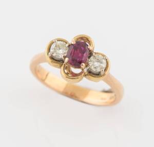 A ruby and diamond ring, of quatrefoil design together with a 0.25 carat&nbsp;diamond ring. 18ct yellow gold. Weight 7.22 grams. Ring sizes K & M.