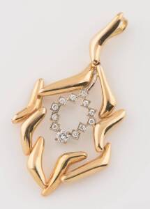 A diamond pendant, openwork design, boomerang motif, set with small brilliant cut diamonds. 14ct yellow gold. Weight 15.84 grams. Length 6.8cm.