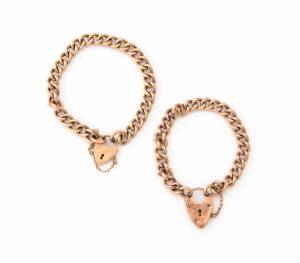 Two children's antique curblink padlock bracelets. 9ct rose gold. Weight 17.2 grams.