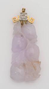 A carved lilac jade pendant with diamond surmount. 9ct yellow and white gold. Length 8.5cm.&nbsp;