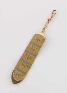 A European gold fob. 14ct two colour gold. Weight 11.37 grams. Length 12cm.