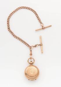 An antique gold curblink fob chain, hung with two T-Bars and swivel. 9ct rose gold. Weight 16.58 grams. &nbsp;Length 23.5cm. To be sold with a gold cased sovereign case.