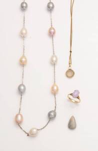 A silver and multi-colour freshwater pearl necklace. Length 90cm.