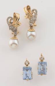 A pair of diamond and pearl drop earrings and a pair of blue and clear stone earrings. 18ct yellow gold. Weight 9.94 grams.