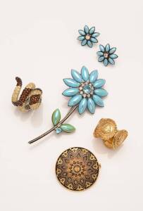 A collection of costume jewellery including a crystal necklace, a ball chain necklace with a cross pendant, two silver pendants with a butterfly and rose motif on chains, a pair of silver heart earrings, a Mimco coiled snake ring, a scarf ring, two pairs 