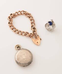 A collection of jewellery comprising a rolled gold curblink bracelet with 9ct heart shaped padlock, a lady's silver hunting case pocket watch and a handmade silver and bluestone funky ring.