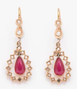 A pair of coral drop earrings and a pair of verneuil ruby and diamond pendant earrings. Yellow gold. Weight 7.4 grams.