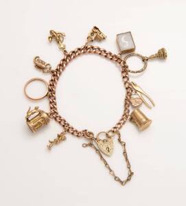 A charm bracelet, the rose gold curblink bracelet hung with eleven charms and a heart-shaped padlock. 9ct yellow and rose gold. Weight 45.18 grams.