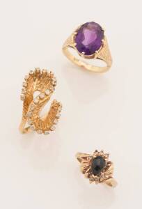 Three 9ct gold rings, diamond, amethyst, sapphire. Total weight 17.62 grams.