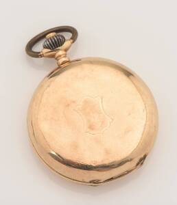 A gold hunting cased pocket watch. 50mm. Crown wind. 14ct yellow gold. Weight 71.31 grams. (A/F)