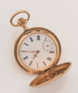 A gold hunting cased pocket watch, 50mm. &nbsp;Crown wind, plain polished case. Cuvette engraved 'Systeme Glashutte' 14ct yellow gold. Weight 88.5 grams.