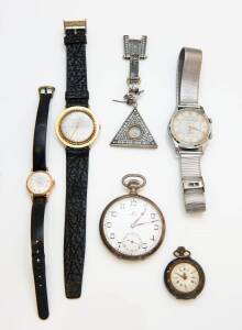 An assortment of watches and fobs including a Lady's 18ct yellow gold Sigma Valmon wristwatch, automatic with date display, two gentleman's Olymp wristwatches, two openface pocket watches, one an Omega, a propelling pencil, an IWC pocket watch dial and a 
