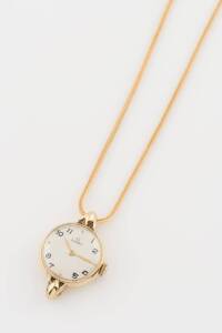 A Lady's Omega wristwatch on a gold chain. 18ct yellow gold. Total weight 16.88 grams. Length of chain 60cm. Diameter of watch face 18mm.&nbsp;