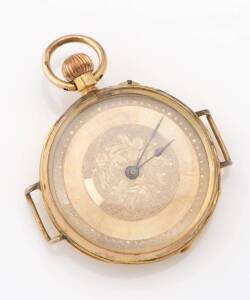 A Lady's gold pocket watch, converted. 30mm. Cylinder movement. Crown wind. Weight 28.33 grams.&nbsp;