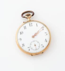 An open face pocket watch. 42mm, crown wind, cylinder movement. 14ct yellow gold.&nbsp;Weight 55.69 grams.&nbsp;