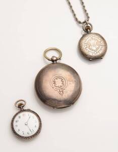 Three pocket watches. Silver. Two Lady's crown wind watches, an openface, a hunter and one Gentleman's key wind hunting cased pocket watch.