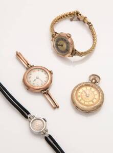 Four Lady's watches. Two 9ct rose gold Rolex's, an 18ct white gold and diamond Unicorn and 9ct openface crown wind pocket watch.