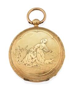 A Lady's gold hunting cased pocket watch, key wind. 36mm.&nbsp;The case finely engraved with a scene of two figures in landscape with sheep, the reverse depicting a castle and lake. Cylinder movement. Total weight 28.7 grams.&nbsp;