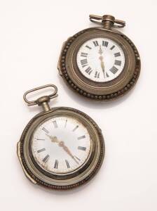 Two oversize pair cased pocket watches, P H Kissel, circa late 1700's. 69mm. Key wind. White enamel dials, painted black Roman numerals. Nickle silver and tortoiseshell. (A/F)&nbsp;