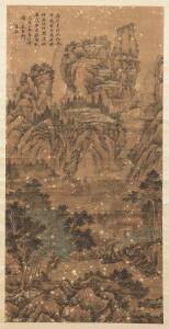 A large Chinese hanging scroll, ink and watercolour on paper, depicting a mountainous landscape, signed and sealed. 130 x 64.5cm