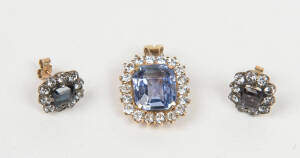 A blue and white sapphire pendant and earrings, of rectangular cluster design. Yellow gold and silver. Length of pendant including bale 2.5cm.