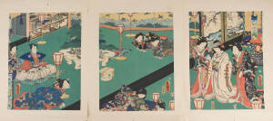 Set of three Japanese woodblock prints (tipped into manila folder), Meiji period. 24 x 34cm