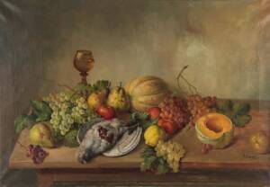 G. ERNEST (20th Century), Still life with fruit and Parrot. oil on canvas, signed lower right, 70 x 100cm