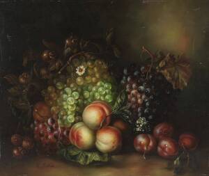 K. RYKIEL, Still life with peaches and grapes, oil on canvas, signed lower left, 51 x 61cm