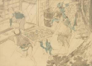 Two Japanese prints by Hokusai (1860-1849), Hokusai Hinagata, 1863, Ferry boat and life of commom people and Farmers in sudden shower. 25.5 x 19cm &nbsp;